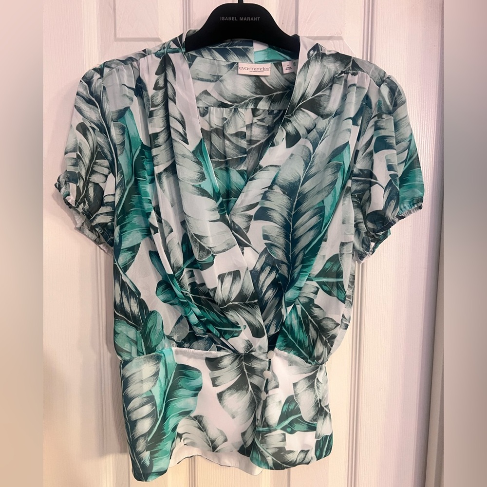 Eva Mendes for NY & Company Tropical Leaf Print Wrap Top size Small 🌴